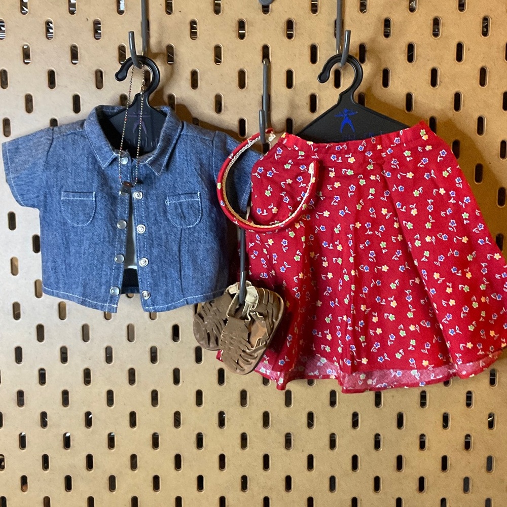 American girl doll outfit - Play Outfit- Red Floral Skirt and Blue Denim Top set